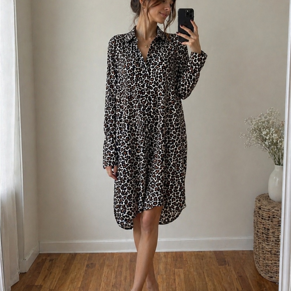 Leopard Print Shirt Dress - Black and Brown